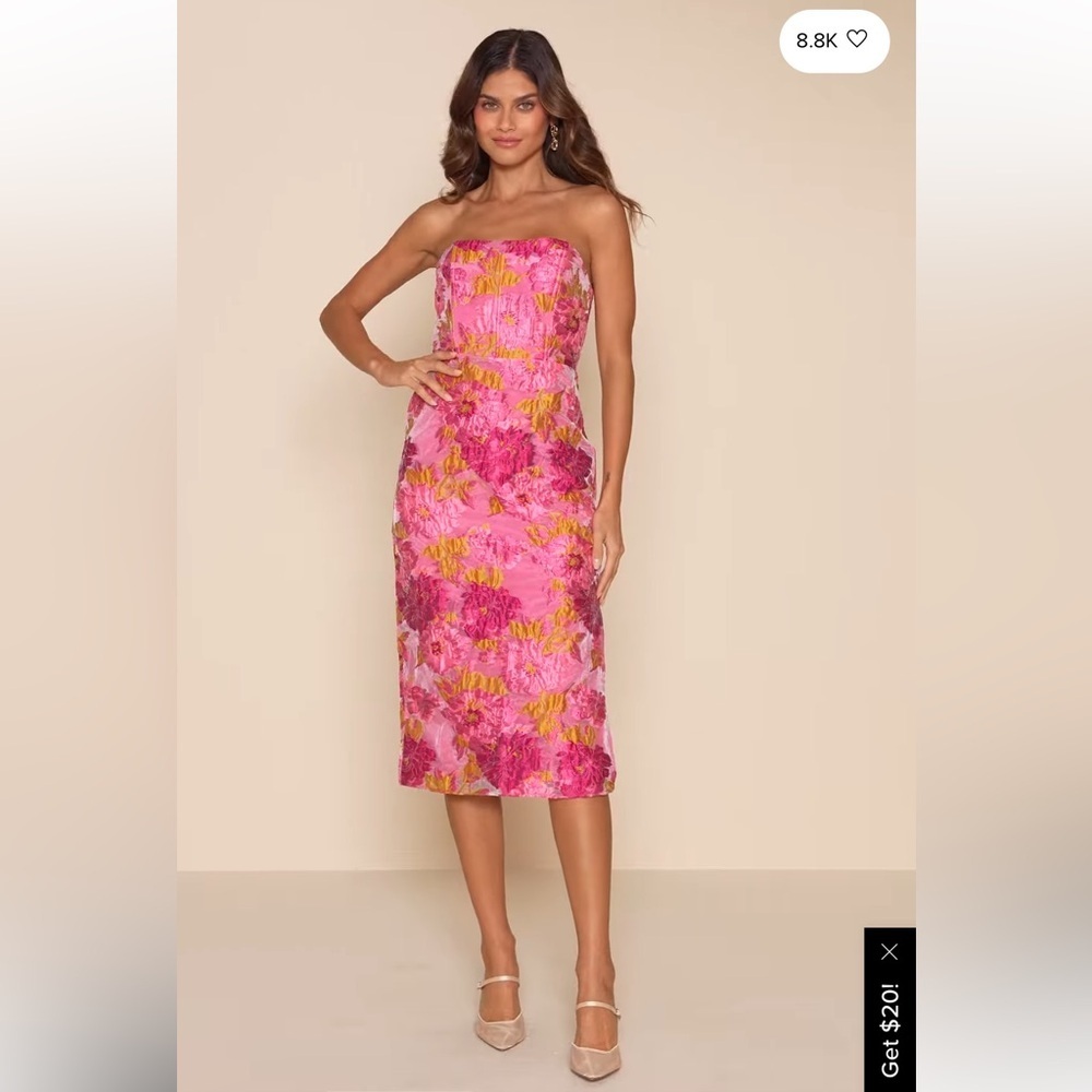 Lulu’s Jacquard Strapless Bustier Midi Dress corset slit floral lace embroidered